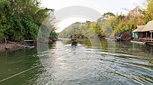 A boat floats on the River Kwai in Thailand