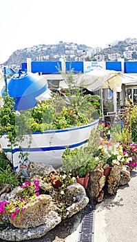 Boat with flowers in a Rosas garden, Costa Brava, Girona