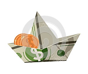 Boat Folded from Dollar Banknote with Coin in It as Asset and Money Abundance Vector Illustration