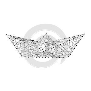 boat folded paper origami from abstract futuristic polygonal black lines and dots. Vector illustration.