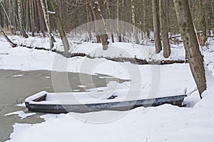 A boat on a frozen pond.