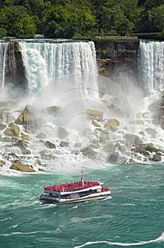 Boat full with tourist sailing along Niagara falls photo