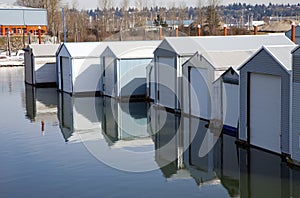 Boat garages in a marina, Portland OR.