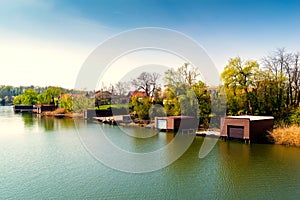 Boat garages and pontoons along side the shore of  Snagov Lake, Romania