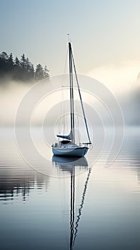 boat gently gliding across a misty lake during the serene moments of sunrise.