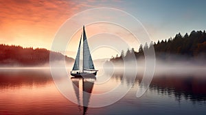 boat gently gliding across a misty lake during the serene moments of sunrise.