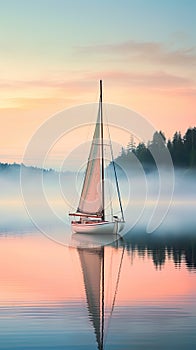 boat gently gliding across a misty lake during the serene moments of sunrise.