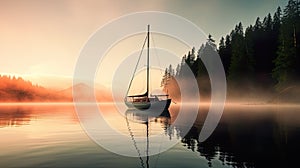 boat gently gliding across a misty lake during the serene moments of sunrise.