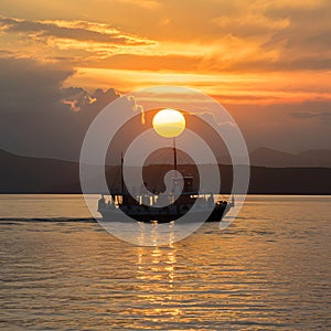 Boat glides under sunsets golden glow on Lake Baikal