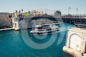 Boat going under a bridge, Ponte Girevole. photo