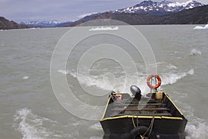 Boat on Grey Lake, Torres del Paine, Patagonia, Chile