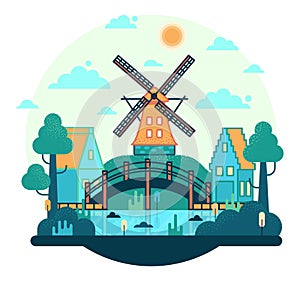 Boat hangar and wind mill by the river - Vector cartoon illustration