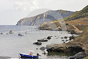 Boat and harbour of Marettimo island. Egadi, Sicily, Italy
