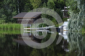 Boat house and boat reflecting on lake