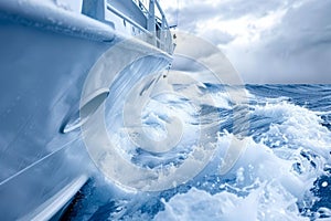 Boat hull closeup slicing through waves frozen in motion, embodying summer olympic sport concept