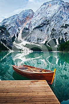 Boat at lake braies dolomites Italy