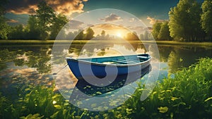 boat on the lake highly intricately detailed photograph of Spring summer landscape blue sky clouds Narew river boat