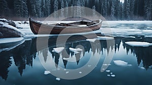 boat on the lake Horror A wooden row boat trapped in a lake of ice, with frozen water