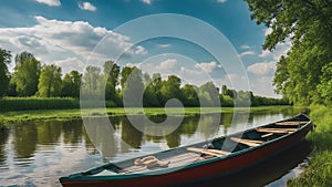boat on the lake Spring summer landscape blue sky clouds Narew river boat green trees countryside grass
