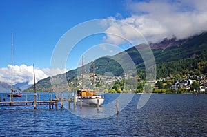 Boat on lake Wakatipu in Queenstown, New Zealand.