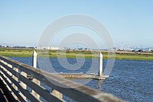 Boat Launch Dock at Palo Alto in the early sunset sunlight - California, USA