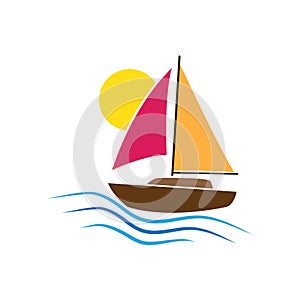 Boat logo vector illustration isolated on white background. Sun waves sea ocean. Pink orange blue yellow.
