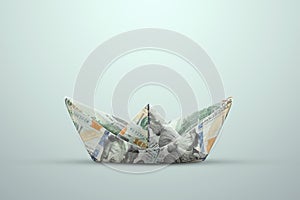 A boat made of dollar banknotes, a boat made of money on a light background. Investment, loan, mortgage, loan, debt, startup