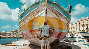 Boat maintenance - man cleaning old fishing boat with cloth.