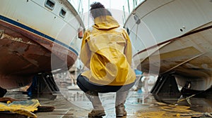 Boat maintenance - man cleaning old fishing boat with cloth.