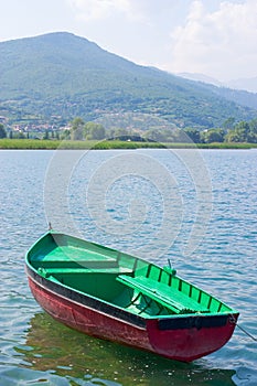 Boat with mauntains in background