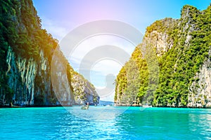 Boat in MAYA Bay Phi Phi Islands Andaman sea Krabi Thailand.