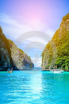 Boat in MAYA Bay Phi Phi Islands Andaman sea Krabi Thailand.