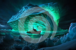 Boat in the middle of an iceberg with green lights. Generative AI