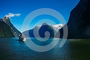 Boat in Milford Sound on New Zealand`s South Island