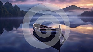 a boat on a misty lake at dawn