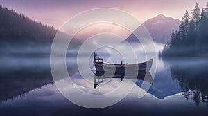 a boat on a misty lake at dawn