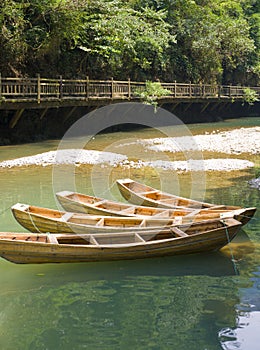 A boat moored alongside the river