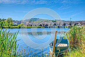 Boat mooring at Ponte de Lima in Portugal photo