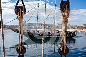 Boat moorings rope, rope pulley photo