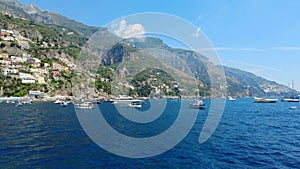 Boat motoring past the beautiful tropical Italian beach. Time lapse, hyper lapse