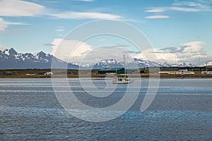 Boat and mountains in Beagle Channel - Ushuaia, Tierra del Fuego, Argentina