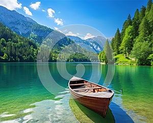 boat on mountn lake idyllic landscape with water and forest. photo