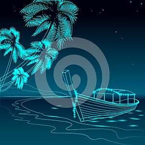 Boat night promenade sea vacation. Romantic date wedding travel leisure sandy coast starry sky. Palm beach ocean shore