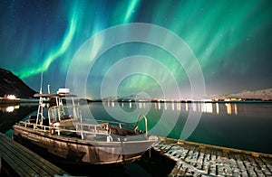 Boat with northern lights background