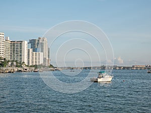 Boat parked to the adjacent marina Meloy Channel. Miami Beach, Florida, United States