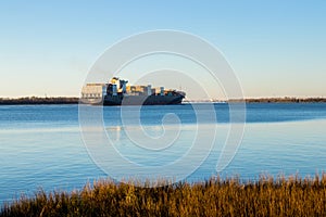 Cargo ship passing through Charleston Harbor