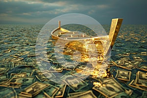 A boat peacefully floats on top of a body of water, with piles of money surrounding it, A golden ship sinking in a sea of money,