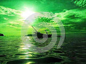 A boat peacefully gliding on a body of water, with sea, ocean, and sky all enveloped in a soothing hue of green.
