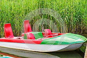 Boat pedalo on lake shore