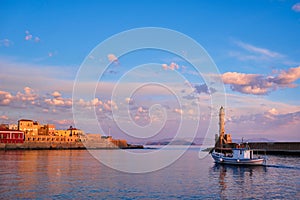 Boat in picturesque old port of Chania, Crete island. Greece